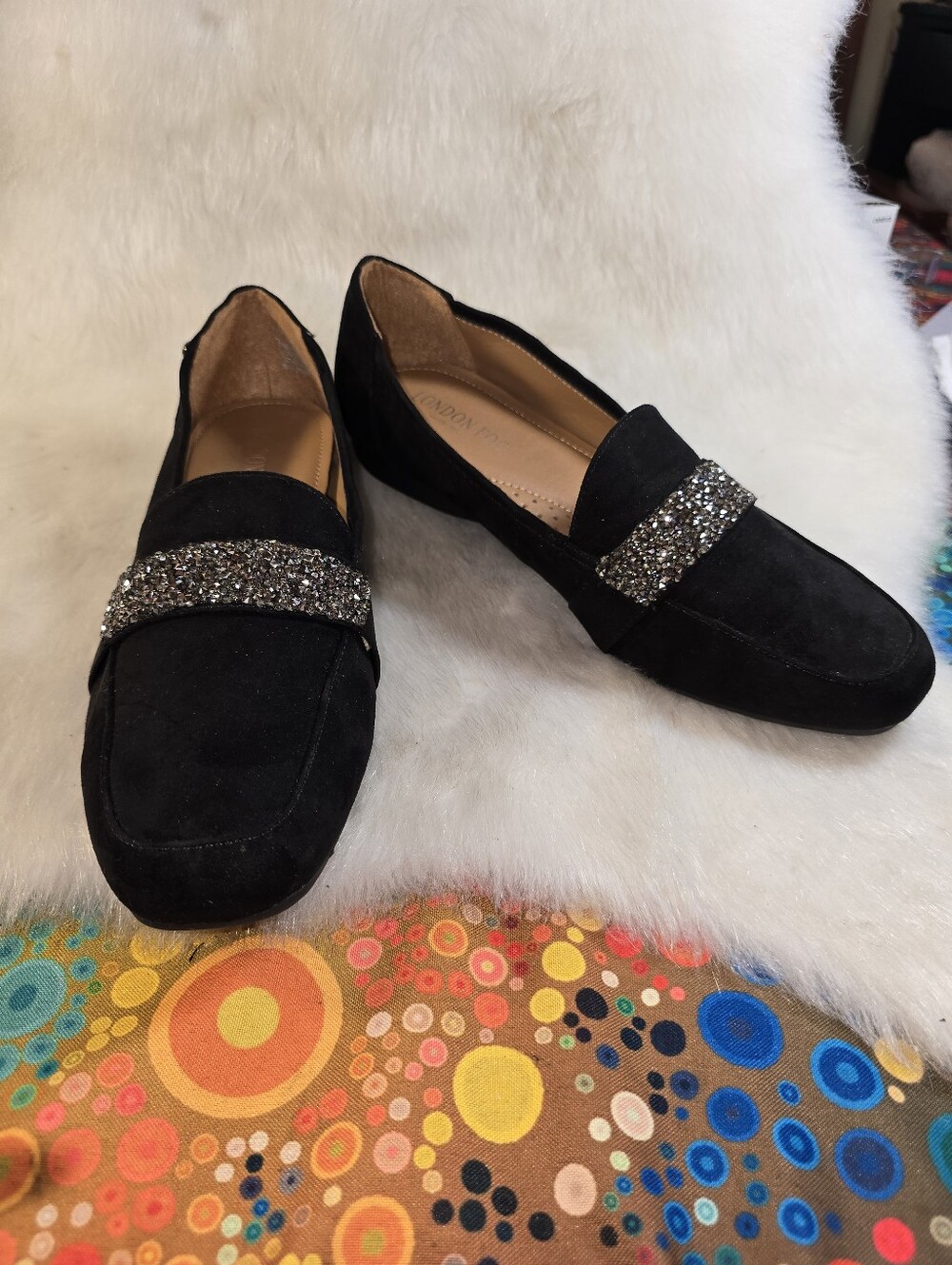 Women's London Fog Alexus Black Suede Loafers with Crystal Strap